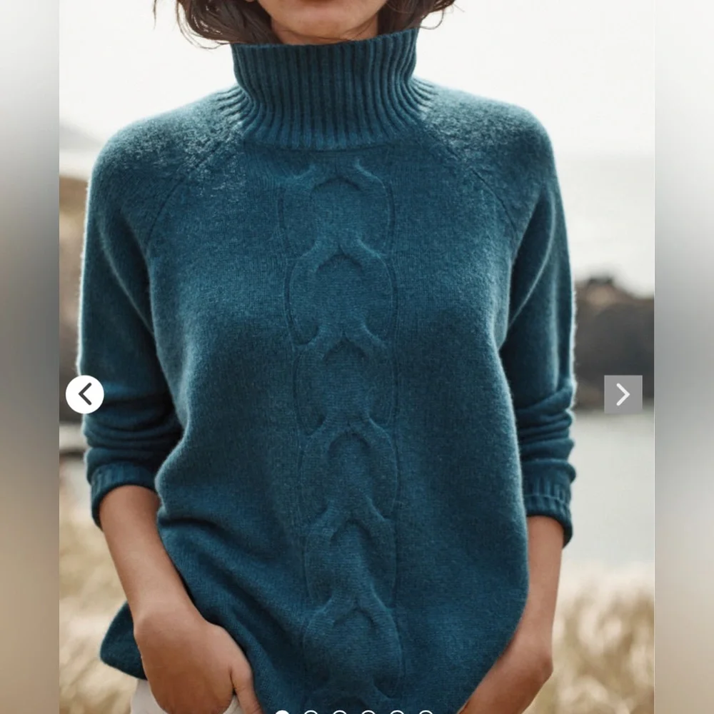Garnet Hill Cable-Detail Cashmere Tunic Sweater Teal Blue Size Small